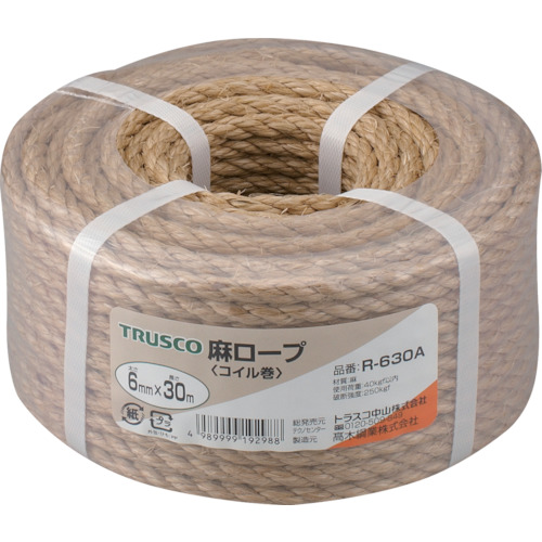 【TRUSCO】ＴＲＵＳＣＯ　麻ロープ　３つ打　線径６ｍｍＸ長さ３０ｍ